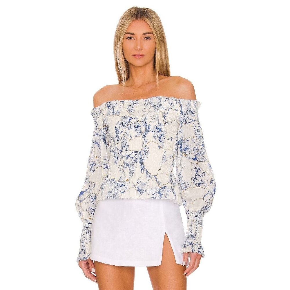 All Saints Blue and White Off-Shoulder Blouse